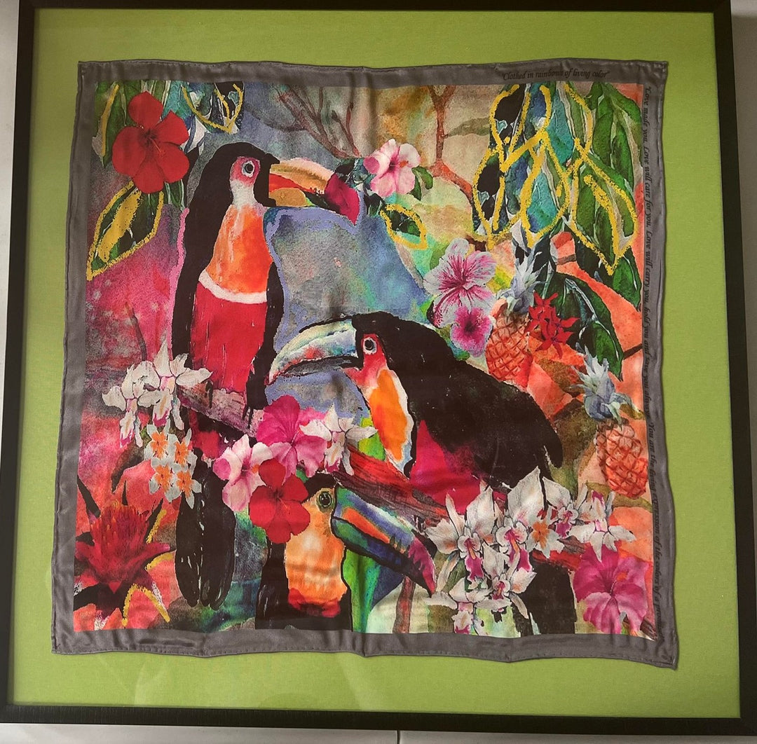 CLOTHED IN RAINBOWS OF LIVING COLOR ORIGINAL SILK SCARF FRAMED