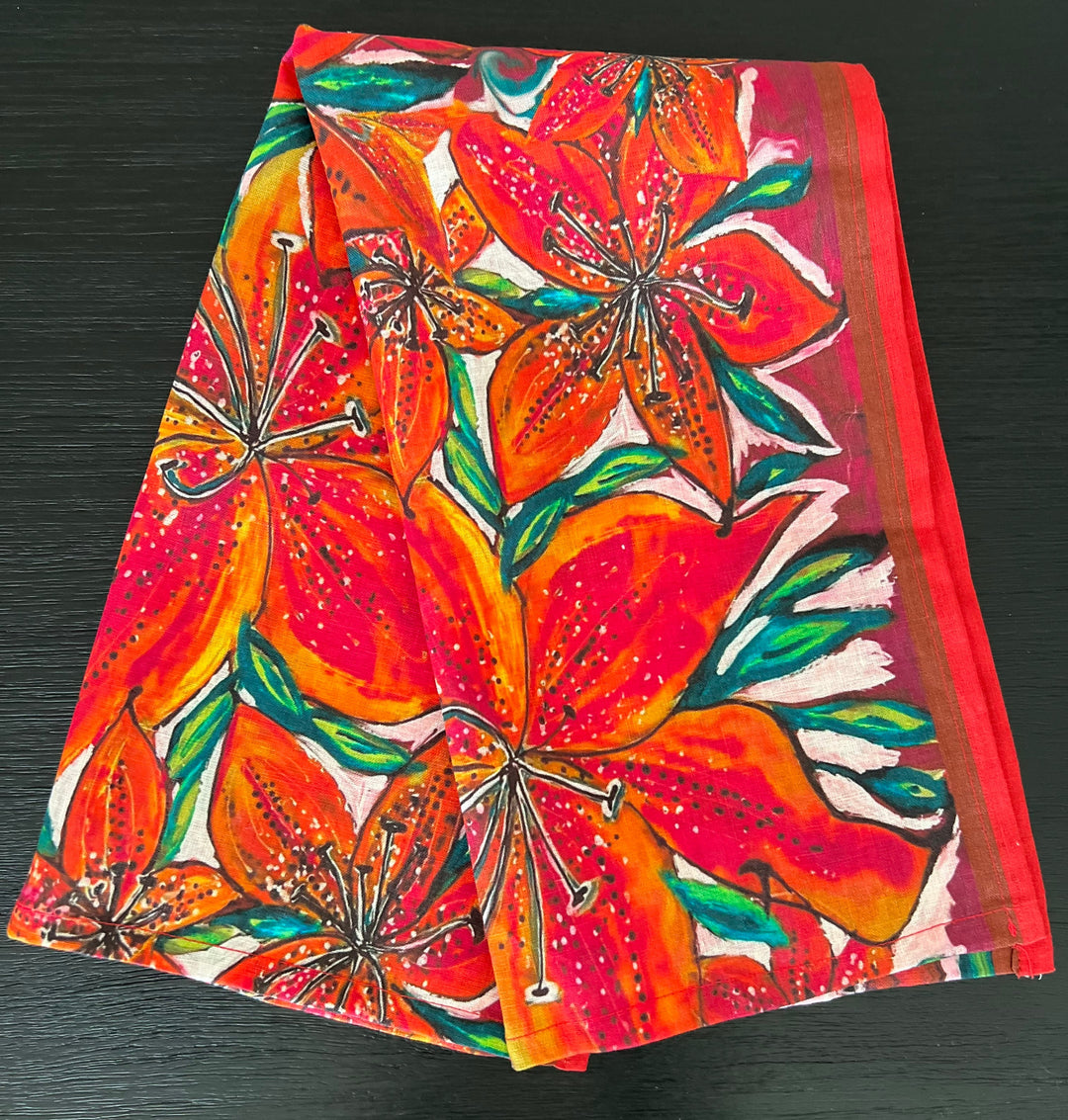 D-448LTT SASKATCHEWAN FIRE LILY  ORGANIC LINEN TEA TOWEL