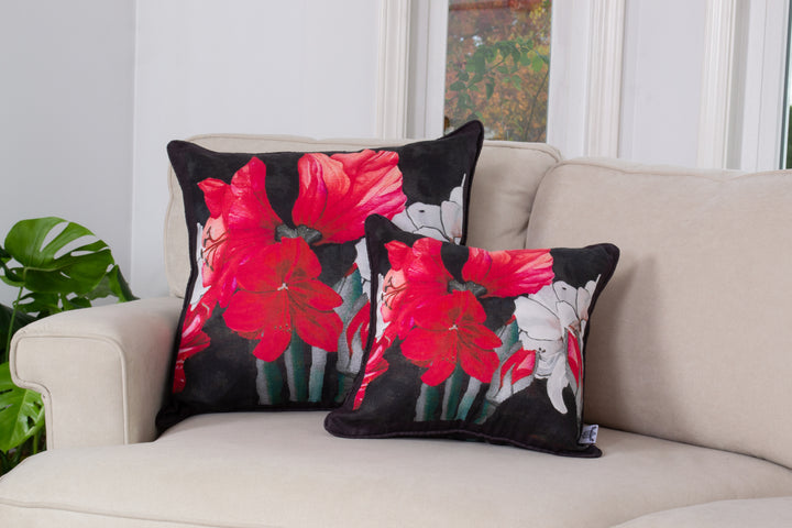 D-192 AMARYLLIS BLOOM - Large Luxury Hand Painted Organic Linen Sham with Black Edge, 22" x 22"