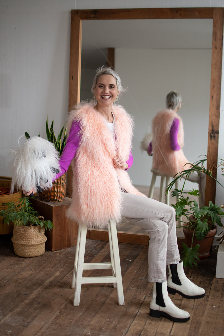 MONGOLIAN SHEEPS WOOL VEST SIZE MEDIUM LONG PINK