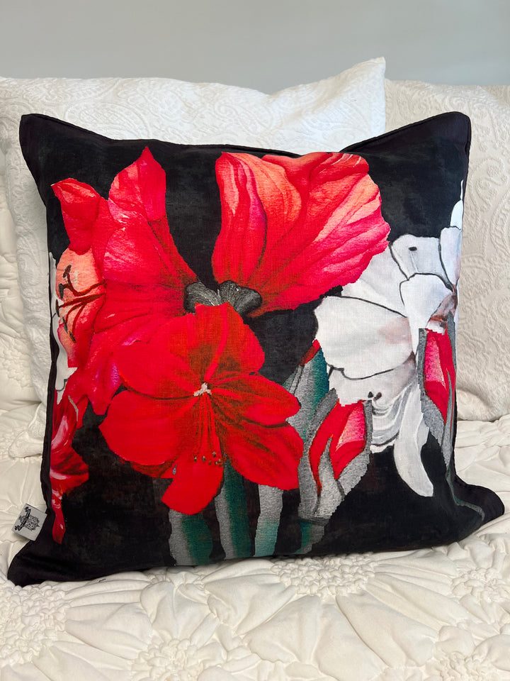 D-192 AMARYLLIS BLOOM - Large Luxury Hand Painted Organic Linen Sham with Black Edge, 22" x 22"