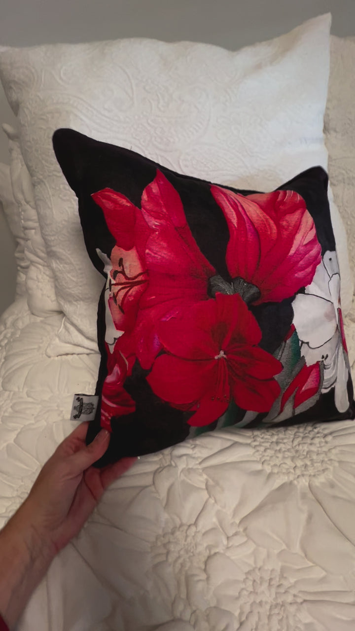 D-192 AMARYLLIS BLOOM - Small Luxury Hand Painted Organic Linen Sham with Black Edge, 16" x 16"