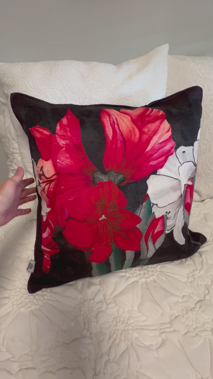D-192 AMARYLLIS BLOOM - Large Luxury Hand Painted Organic Linen Sham with Black Edge, 22" x 22"