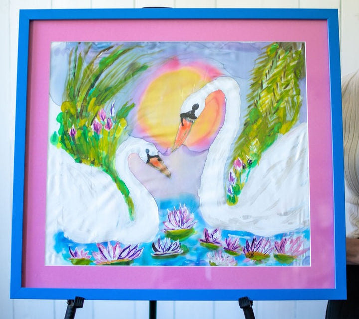 D-126   AN ORIGINAL SILK PAINTING by CYDNEY            EVERLASTING LOVE : SWANS