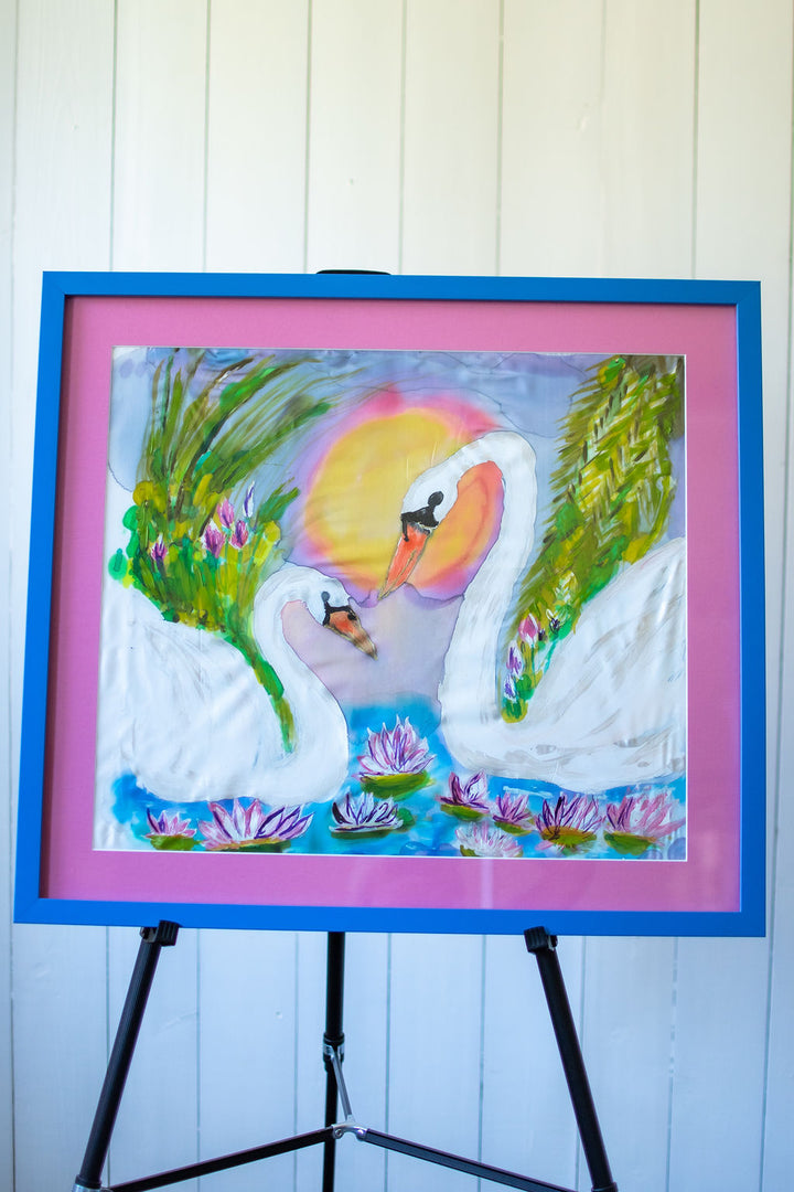 D-126   AN ORIGINAL SILK PAINTING by CYDNEY            EVERLASTING LOVE : SWANS