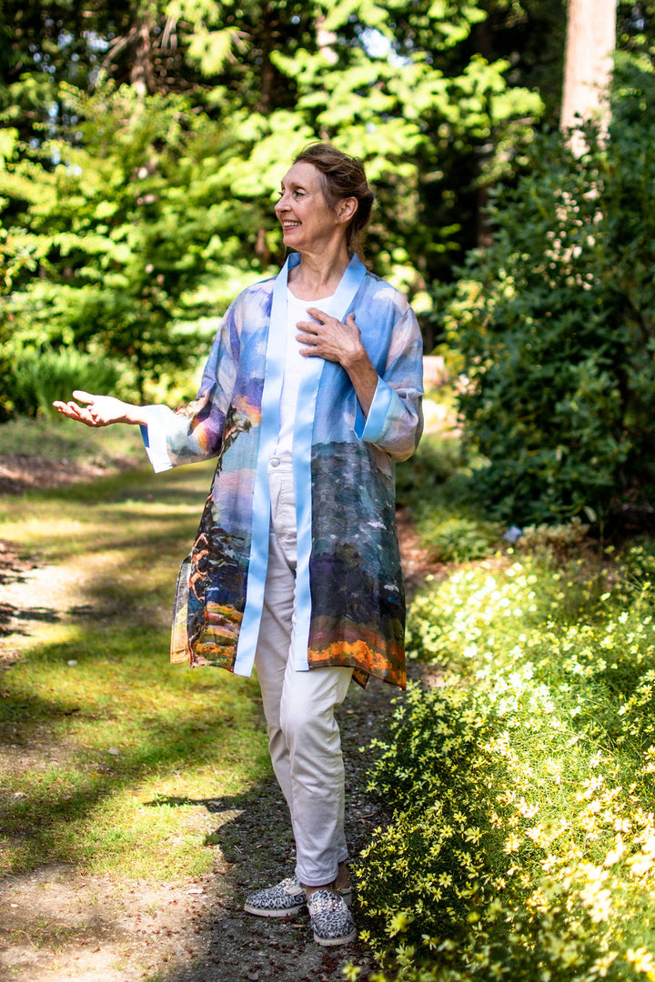 D-388K FIRE WATER ABUNDANCE SILK LINEN KIMONO