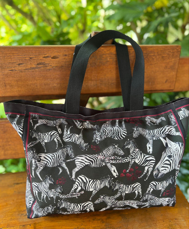 D-380T TRAVEL TOTE BAG BLACK WHITE ZEBRA- LOVE THAT CHASES YOU - RECKLESS LOVE