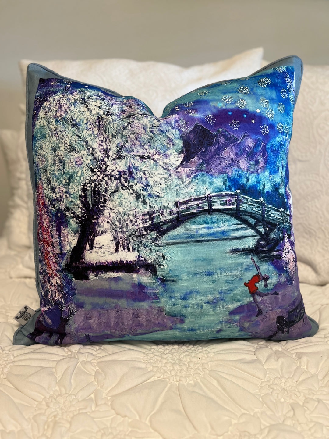 D-187 A WINTER WONDERLAND - Large Luxury Hand Painted Organic Linen Sham, 22" x 22"
