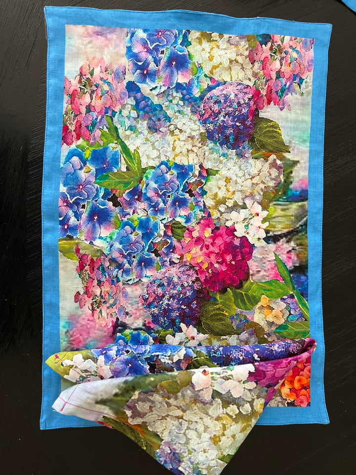 D-560 THE BLUE HYDRANGEAS JOY BOMB * DOUBLE SIDED *ORGANIC LINEN - Placemat 12" x 18"
