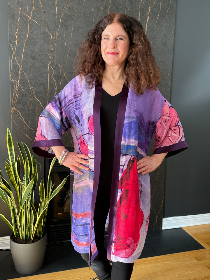 D-489A KIMONO - LET RIGHTEOUSNESS AND PRAISE SPRING UP - WITH EGGPLANT PURPLE SILK TRIM