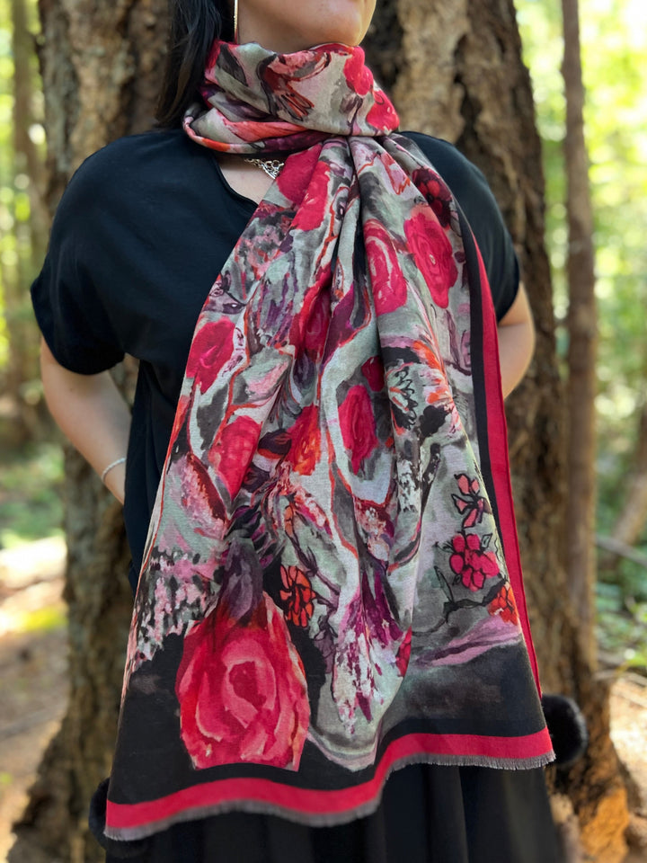 D-910OBS BRUSHED SILK WARM AND FUZZY RED BLACK  LOVE'S EYE IS ON THE HUMMINGBIRD