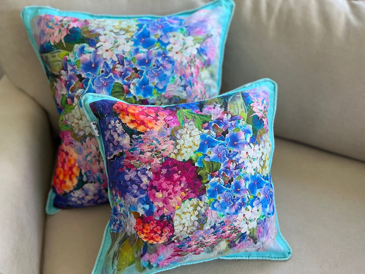 D-211 JOY BOMB BLUE HYDRANGEAS Large Luxury Organic Linen Sham, 22" x 22"