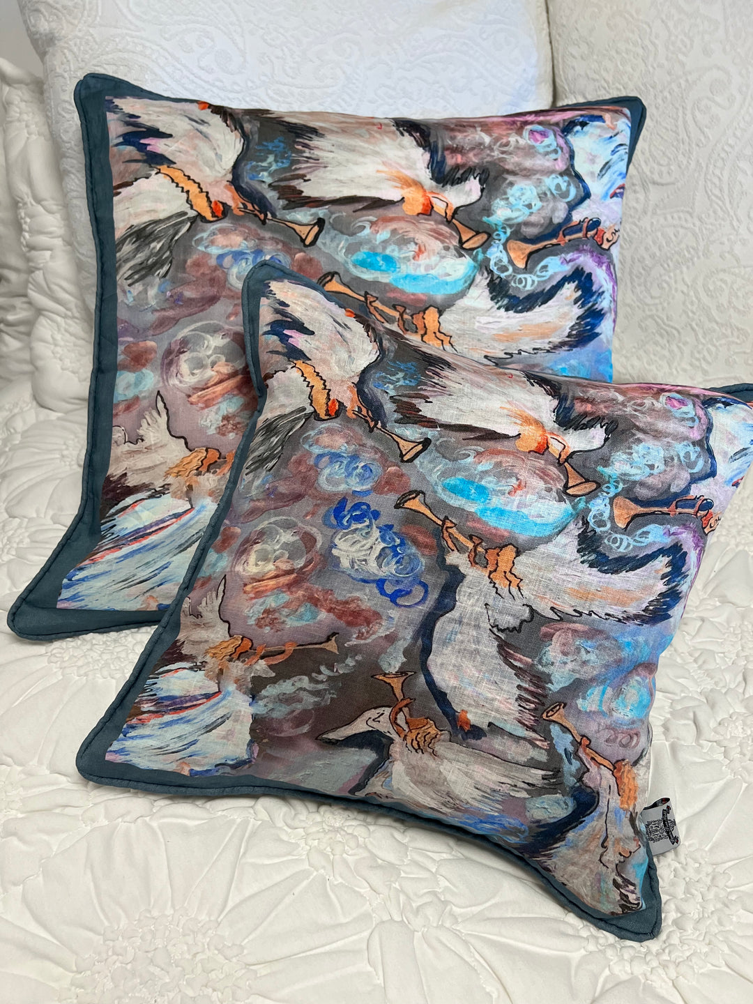D-353 SEVEN ANGELS WITH SEVEN TRUMPETS- Large Luxury Hand Painted Organic Linen Sham 22" x 22"