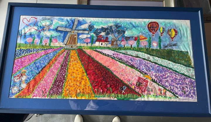 LOUSJE & BEAN TULIP FIELDS AN ORIGINAL SILK PAINTING BY CYDNEY