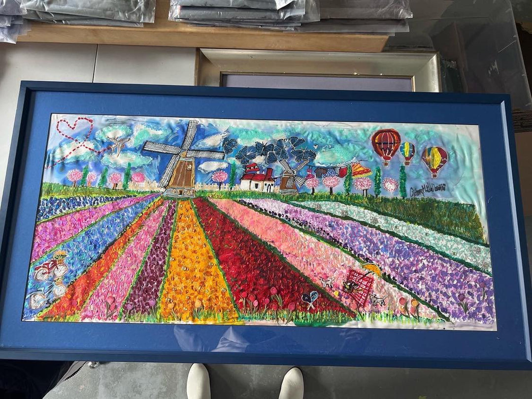 LOUSJE & BEAN TULIP FIELDS AN ORIGINAL SILK PAINTING BY CYDNEY