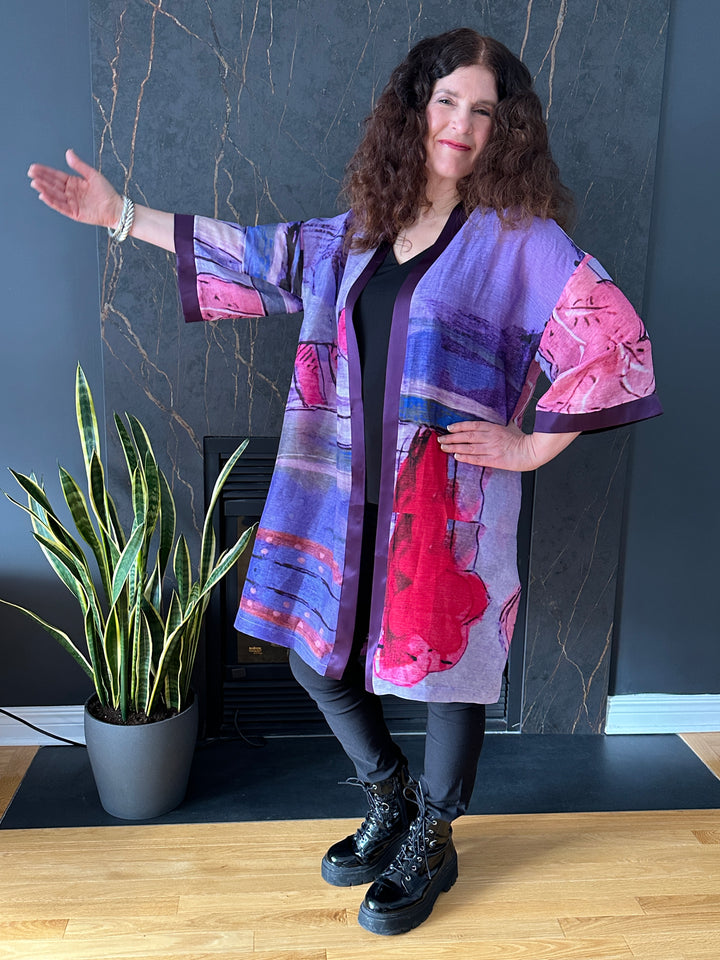 D-489A KIMONO - LET RIGHTEOUSNESS AND PRAISE SPRING UP - WITH EGGPLANT PURPLE SILK TRIM