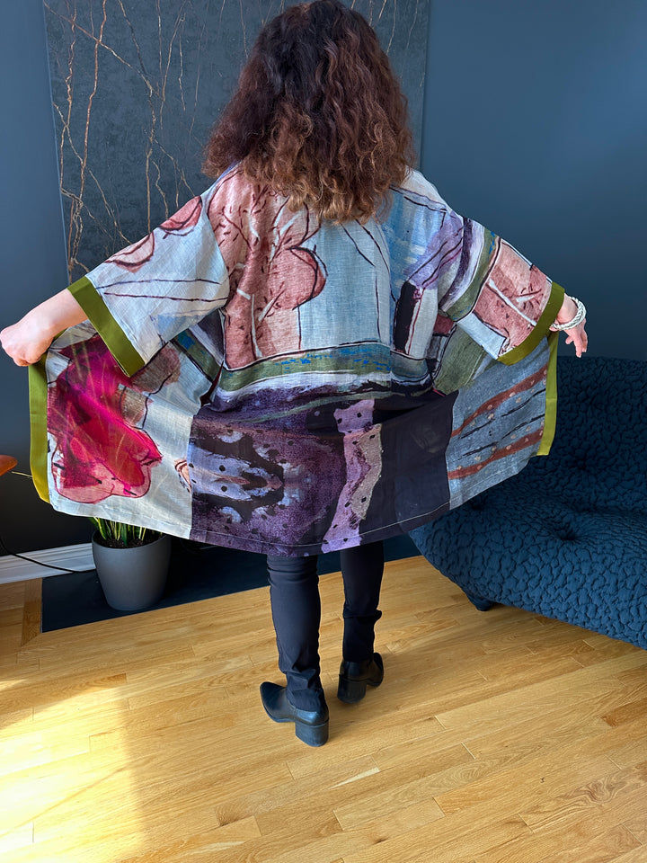 D-489C KIMONO - LET RIGHTEOUSNESS AND PRAISE SPRING UP - WITH OLIVE GREEN SILK TRIM
