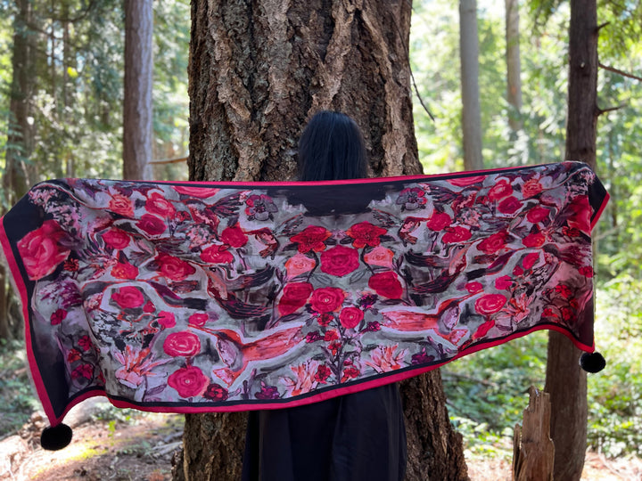 D-910OBS BRUSHED SILK WARM AND FUZZY RED BLACK  LOVE'S EYE IS ON THE HUMMINGBIRD