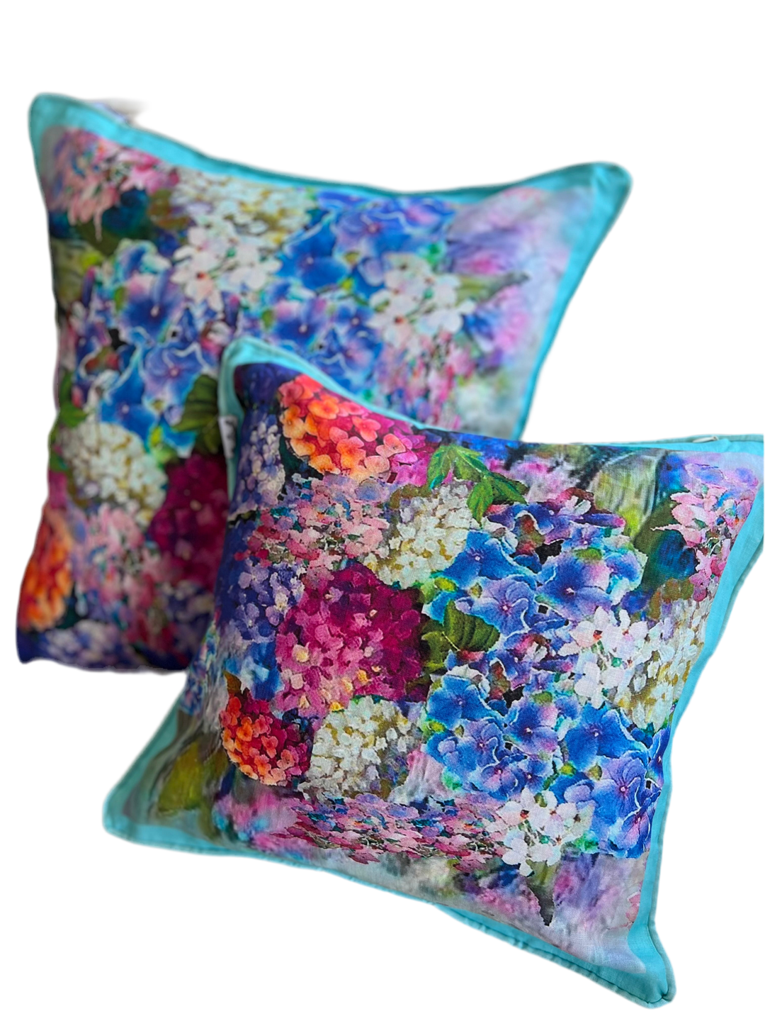 D-211 JOY BOMB BLUE HYDRANGEAS Large Luxury Organic Linen Sham, 22" x 22"