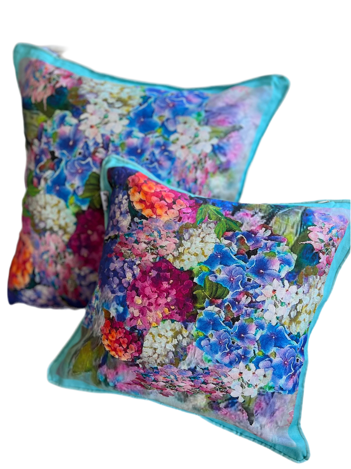 D-211 JOY BOMB BLUE HYDRANGEAS Large Luxury Organic Linen Sham, 22" x 22"