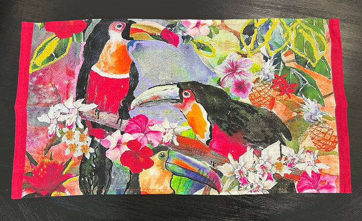 D-209LTT CLOTHED IN RAINBOWS TOUCAN ORGANIC LINEN TEA TOWEL