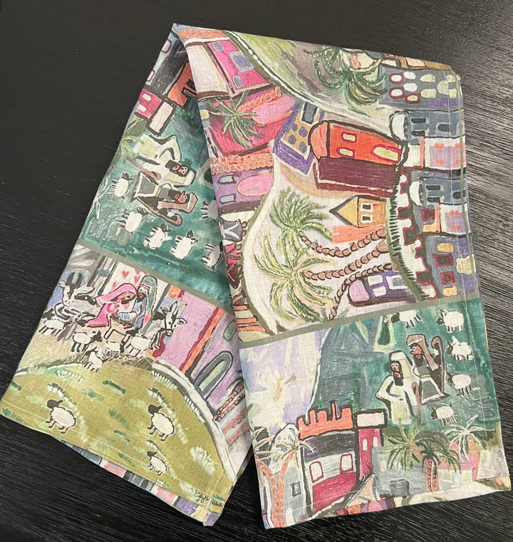 D-481LTT BETHLEHEM PEACE ON EARTH- CATCH THE INEXPRESSIBLE JOY OF CHRISTMAS! (MUTED HUE) ORGANIC LINEN TEA TOWEL