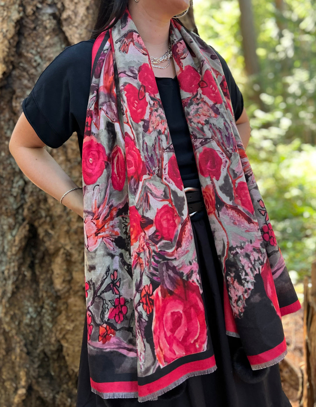 D-910OBS BRUSHED SILK WARM AND FUZZY RED BLACK  LOVE'S EYE IS ON THE HUMMINGBIRD