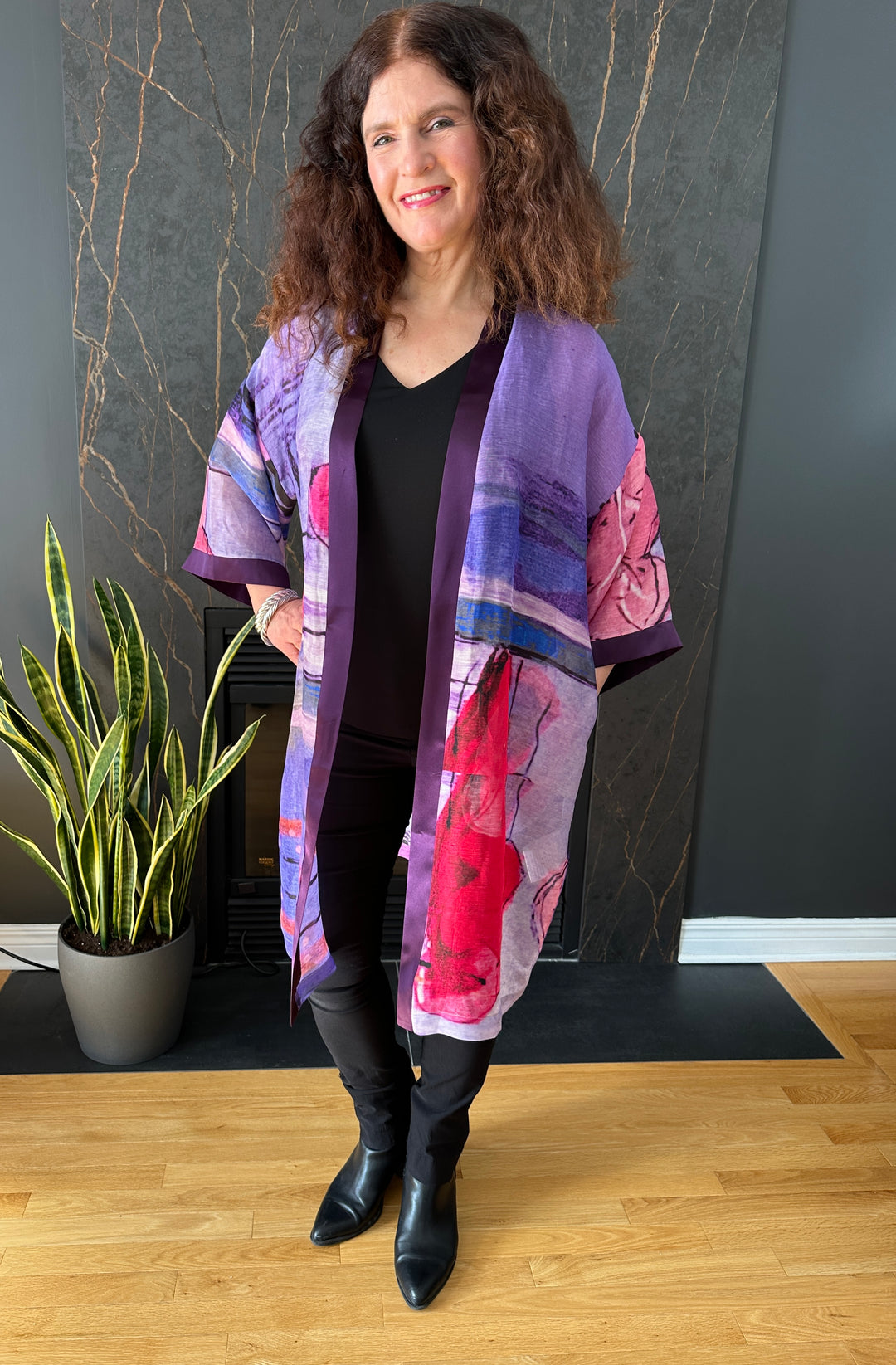 D-489A KIMONO - LET RIGHTEOUSNESS AND PRAISE SPRING UP - WITH EGGPLANT PURPLE SILK TRIM