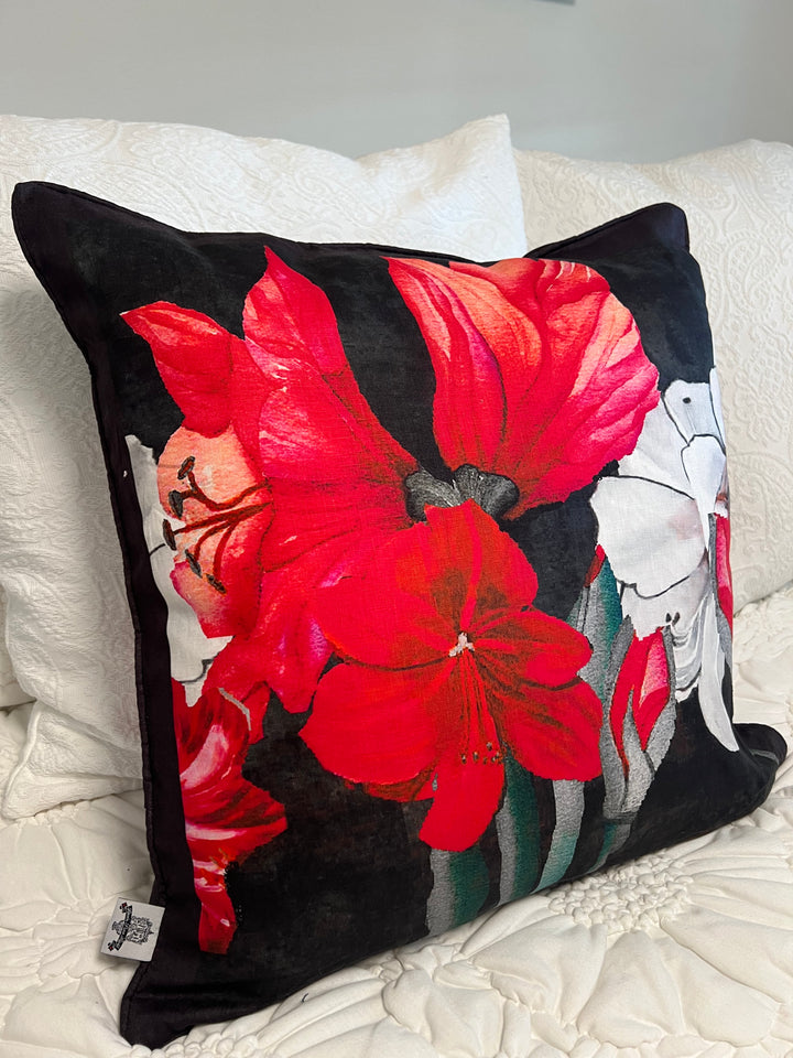 D-192 AMARYLLIS BLOOM - Small Luxury Hand Painted Organic Linen Sham with Black Edge, 16" x 16"