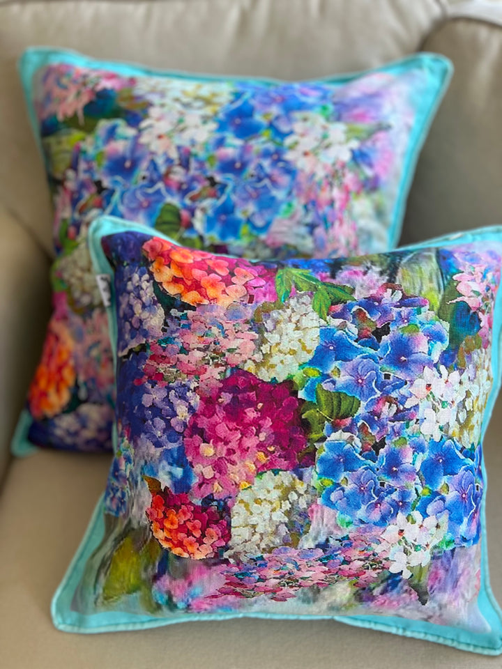 D-211 JOY BOMB BLUE HYDRANGEAS Large Luxury Organic Linen Sham, 22" x 22"