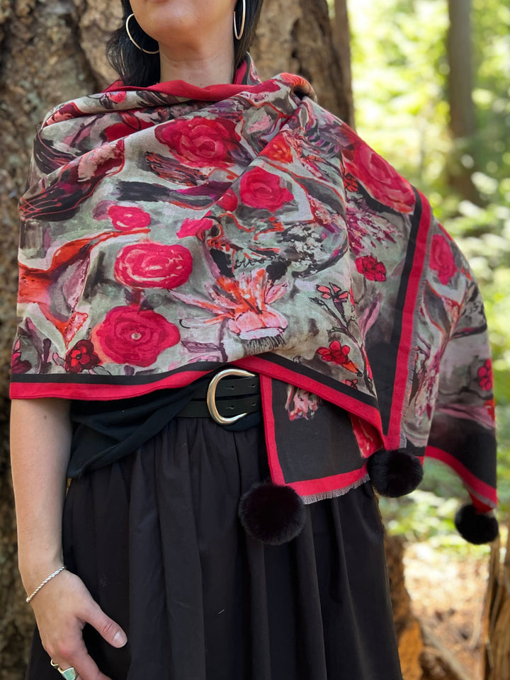 D-910OBS BRUSHED SILK WARM AND FUZZY RED BLACK  LOVE'S EYE IS ON THE HUMMINGBIRD