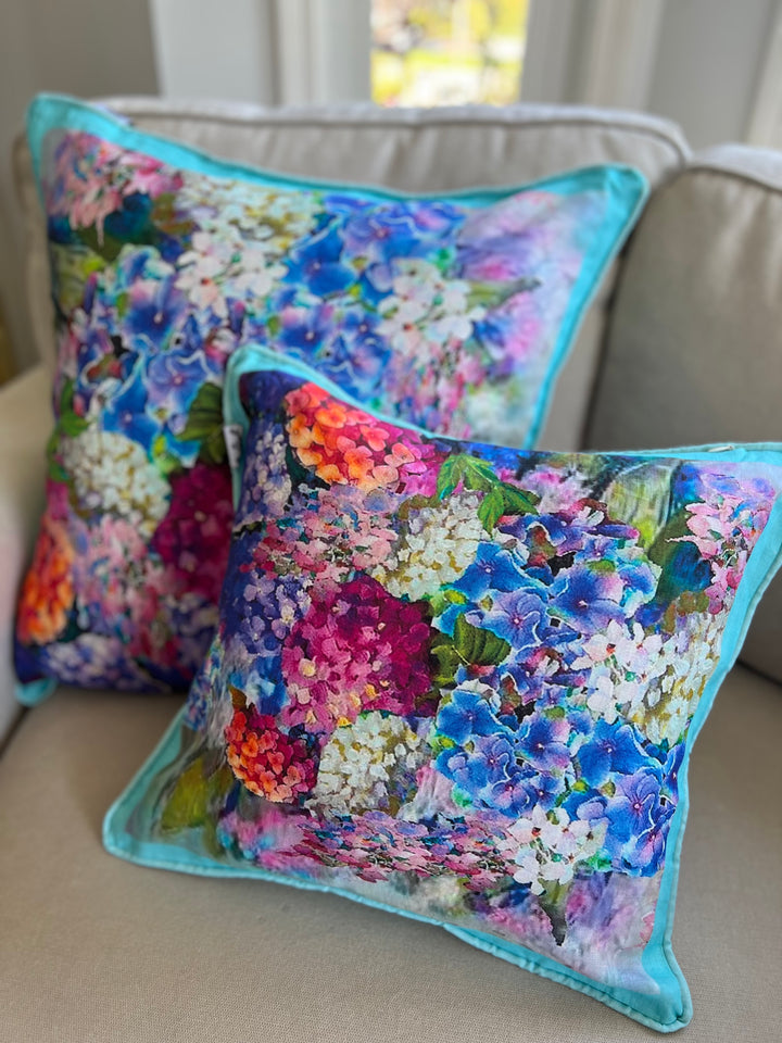 D-211 JOY BOMB BLUE HYDRANGEAS Large Luxury Organic Linen Sham, 22" x 22"