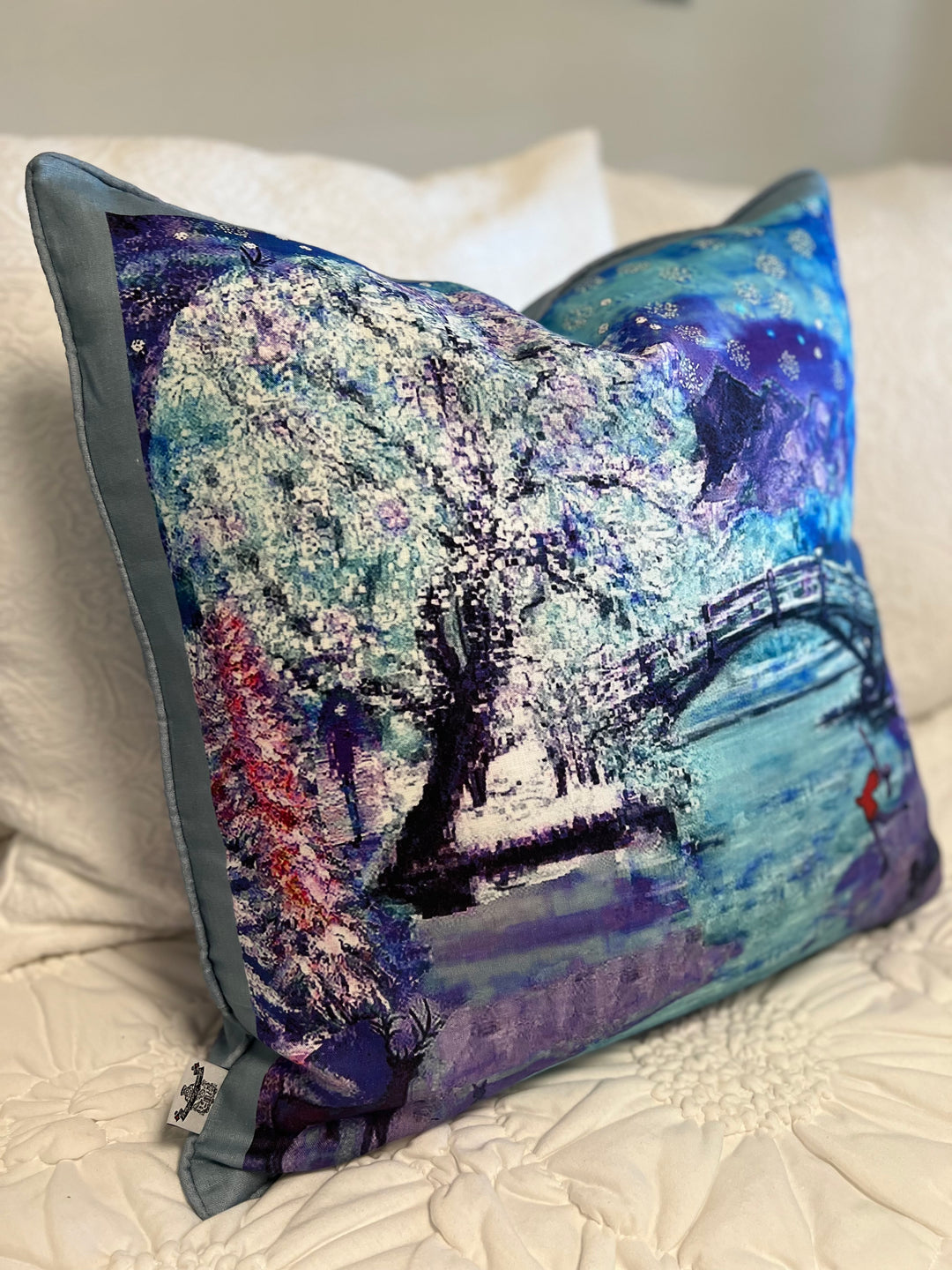 D-187 A WINTER WONDERLAND - Large Luxury Hand Painted Organic Linen Sham, 22" x 22"