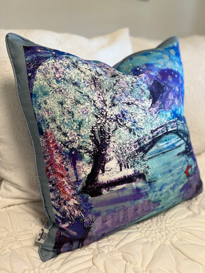 D-187 A WINTER WONDERLAND - Large Luxury Hand Painted Organic Linen Sham, 22" x 22"