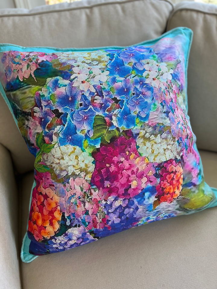 D-211 JOY BOMB BLUE HYDRANGEAS Small Luxury Organic Linen Sham, 16" x 16"