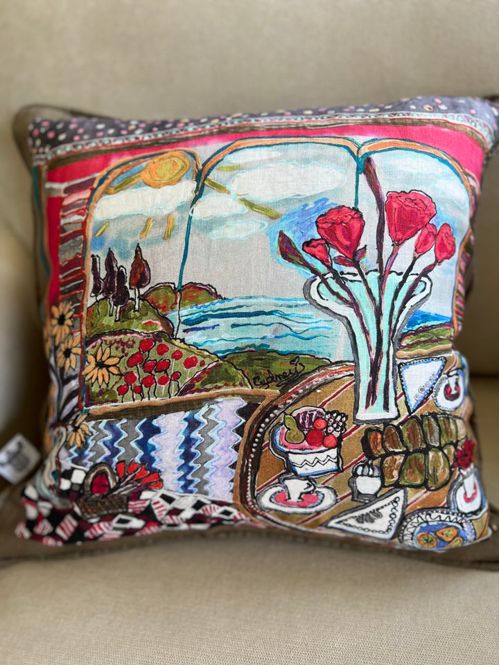 D-598 COME TO THE TABLE MUTED BROWNS-Large Luxury Organic Linen Sham, 22" x 22"