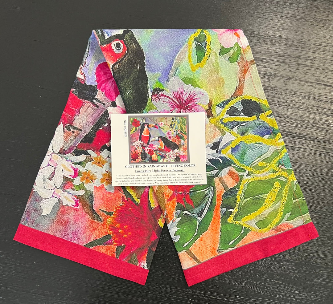 D-209LTT CLOTHED IN RAINBOWS TOUCAN ORGANIC LINEN TEA TOWEL