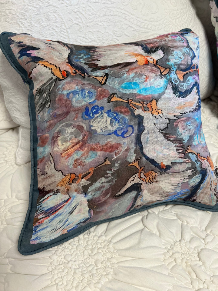 D-353 SEVEN ANGELS WITH SEVEN TRUMPETS- Large Luxury Hand Painted Organic Linen Sham 22" x 22"