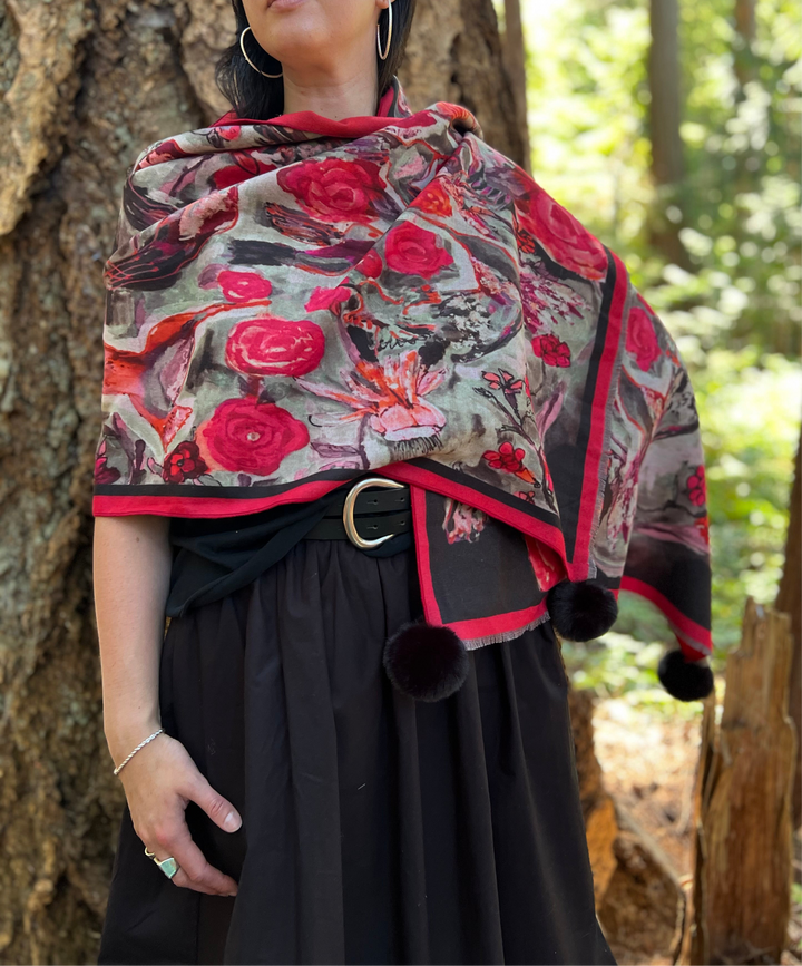 D-910OBS BRUSHED SILK WARM AND FUZZY RED BLACK  LOVE'S EYE IS ON THE HUMMINGBIRD