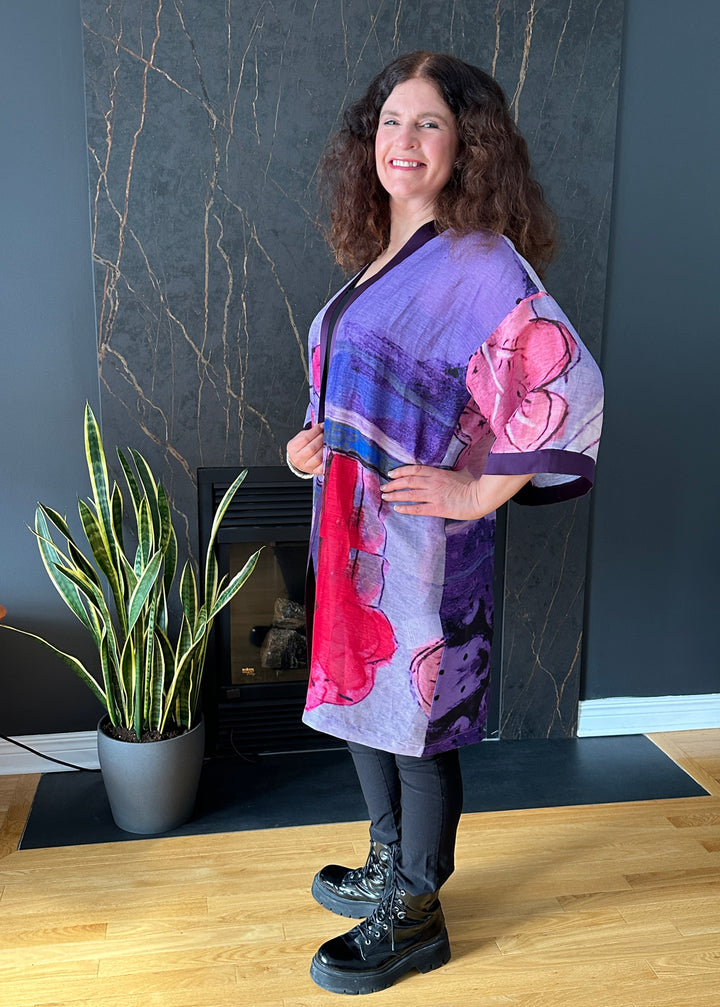 D-489A KIMONO - LET RIGHTEOUSNESS AND PRAISE SPRING UP - WITH EGGPLANT PURPLE SILK TRIM