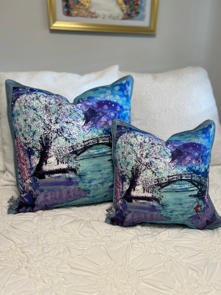D-187 A WINTER WONDERLAND - Large Luxury Hand Painted Organic Linen Sham, 22" x 22"