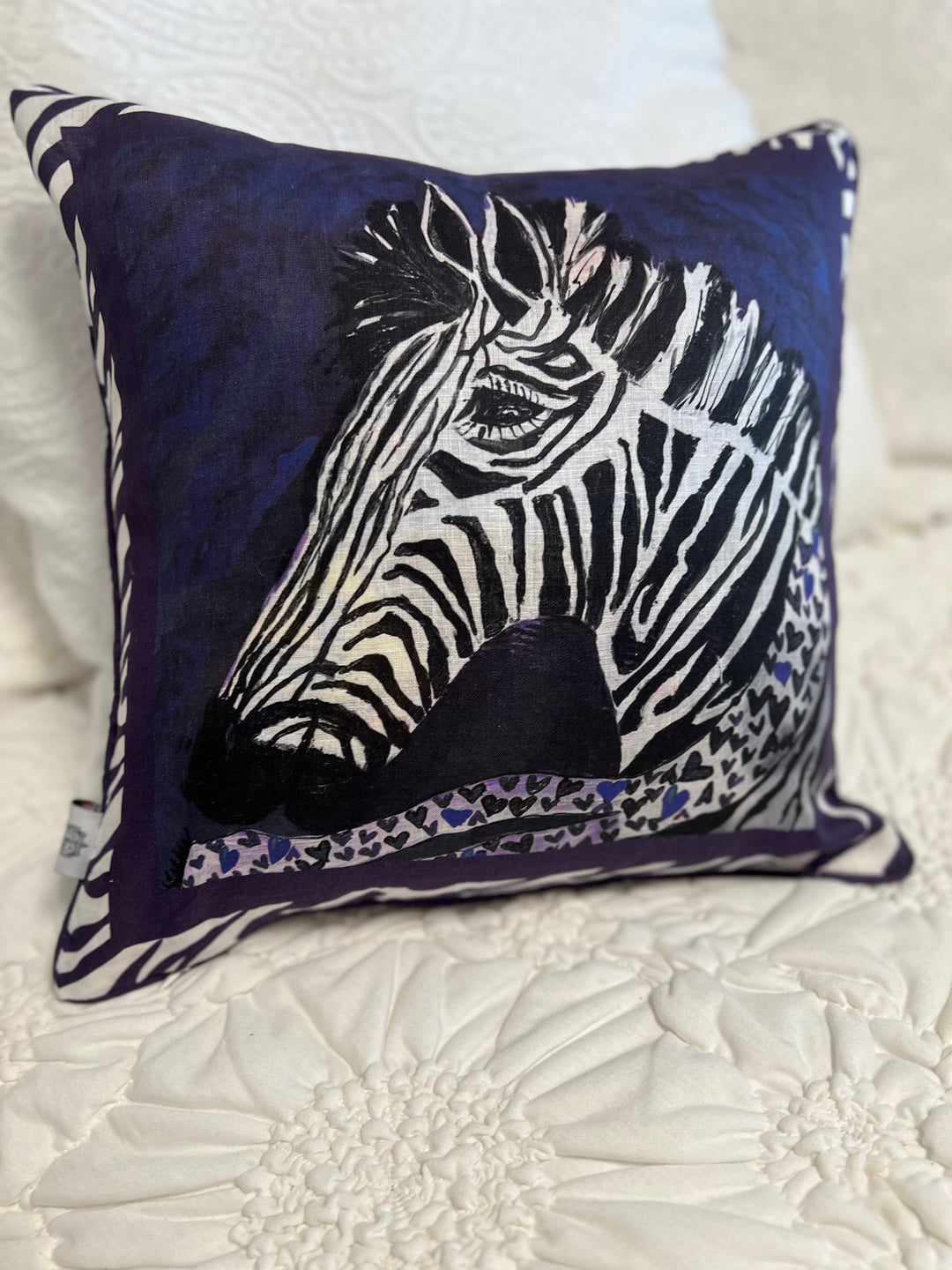D-373 HEALING STRIPES - BLUE ZEBRA - Small Luxury Hand Painted Organic Linen Sham , 16" x 16"