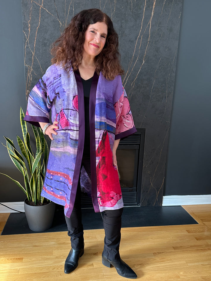 D-489A KIMONO - LET RIGHTEOUSNESS AND PRAISE SPRING UP - WITH EGGPLANT PURPLE SILK TRIM