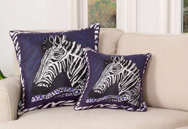 D-373 HEALING STRIPES - BLUE ZEBRA - Small Luxury Hand Painted Organic Linen Sham , 16" x 16"