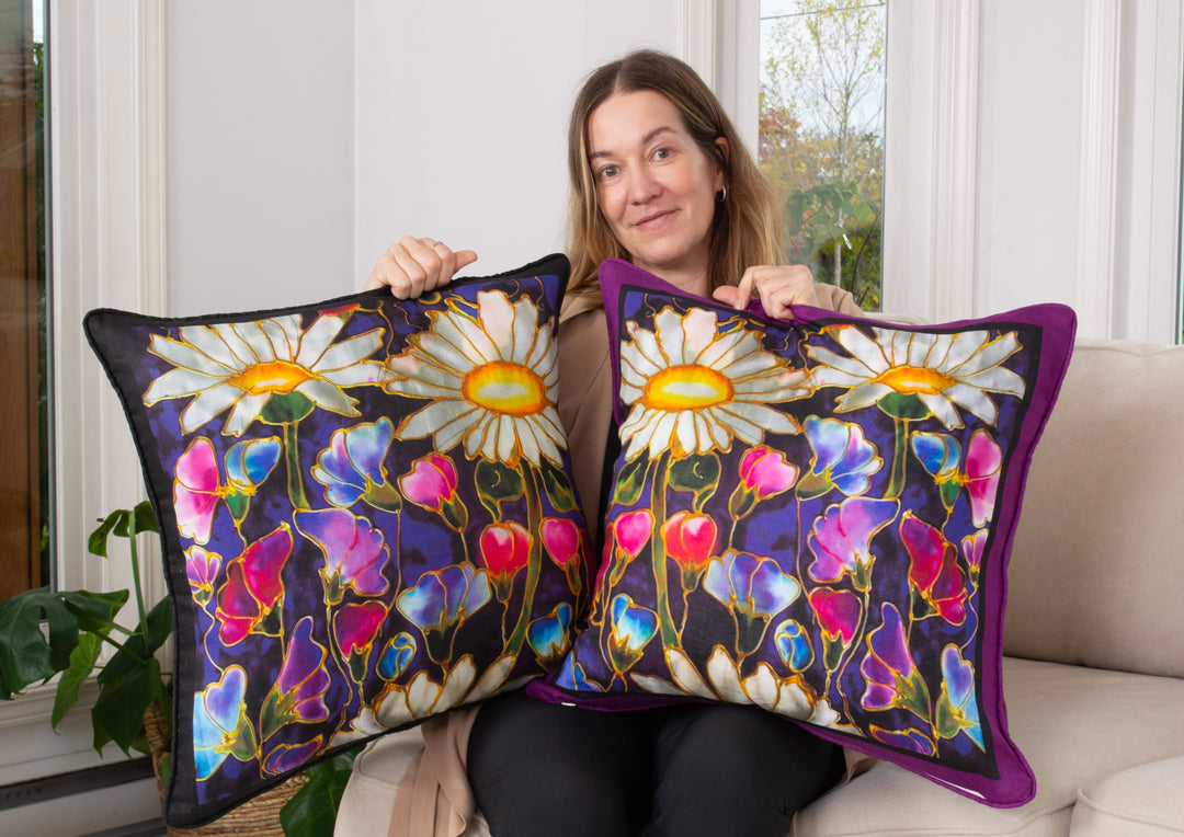 D-574  KALEIDOSCOPE - Small Luxury Organic Cotton Sham with Purple Edge, 16" x 16"