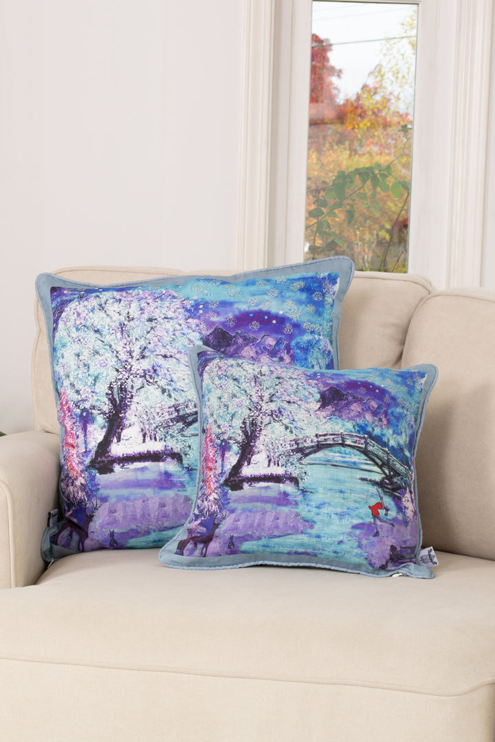 D-187 A WINTER WONDERLAND - Large Luxury Hand Painted Organic Linen Sham, 22" x 22"