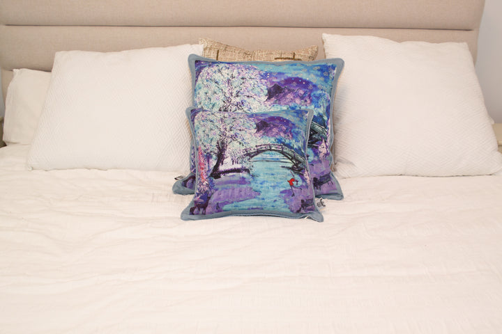 D-187 A WINTER WONDERLAND - Large Luxury Hand Painted Organic Linen Sham, 22" x 22"
