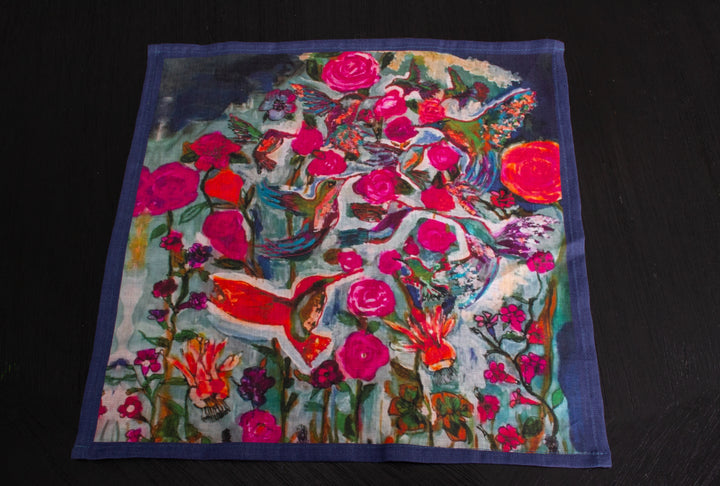 D-112B LOVE'S EYE IS ON A SPARROW - HUMMINGBIRD -  Organic Linen Napkin 16" x 16"