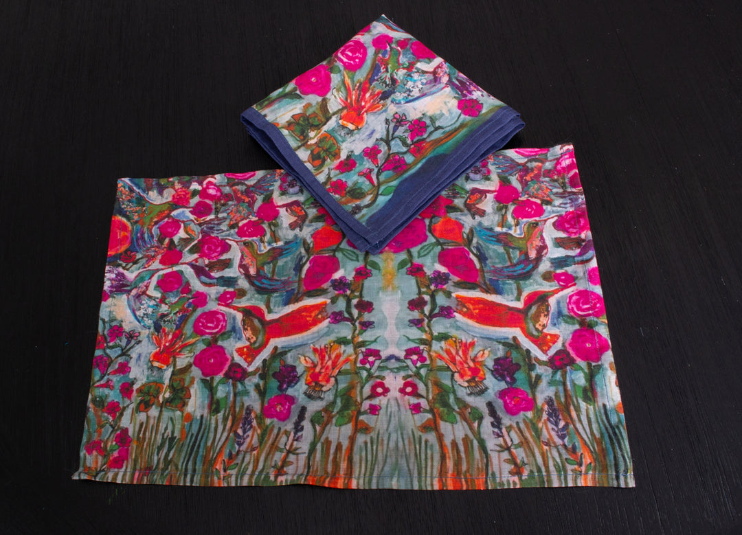 D-112B LOVE'S EYE IS ON A SPARROW - HUMMINGBIRD -  Organic Linen Napkin 16" x 16"