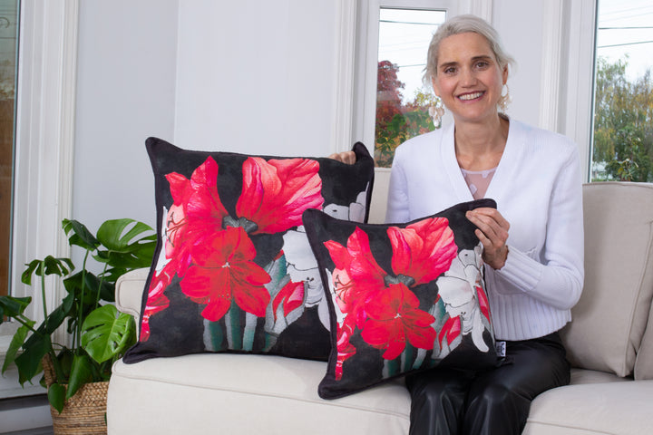 D-192 AMARYLLIS BLOOM - Small Luxury Hand Painted Organic Linen Sham with Black Edge, 16" x 16"